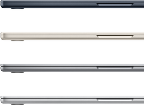 Quatre portables MacBook Air arborant les couleurs offertes : minuit, comète, gris cosmique et argent