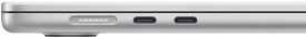 Port MagSafe situé du côté gauche de l’appareil, tout au fond. Deux ports Thunderbolt situés du côté gauche de l’appareil, devant le port MagSafe.